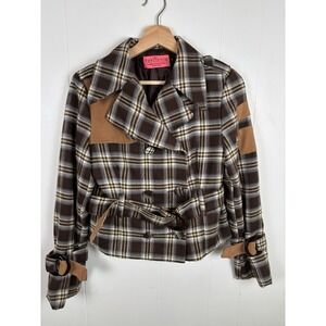 VTG Juicy Couture‎ Medium Brown Plaid Double Breasted Cropped Equestrian Jacket